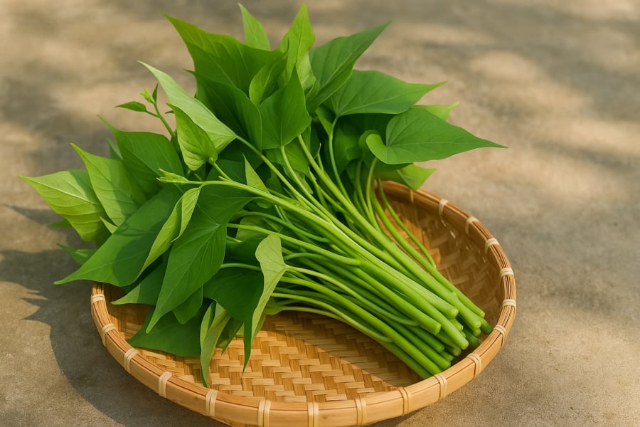 Rau lang tươi non vừa hái, đặt trong rổ tre dưới ánh nắng nhẹ – hình ảnh gợi nhớ về sự mộc mạc và giá trị nguyên bản của ẩm thực quê nhà.