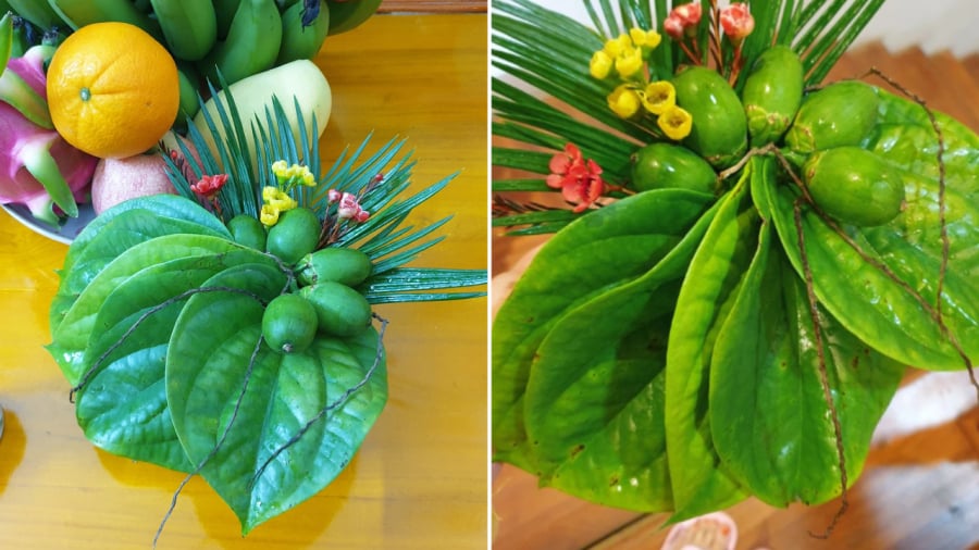 Gia chủ có thể đặt đĩa trầu cau ở phía trước bát hương, bên cạnh mâm ngũ quả hoặc bình hoa.