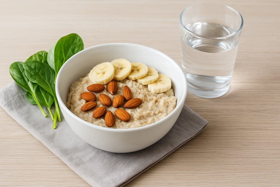 Một bữa sáng giàu magie: yến mạch, hạnh nhân, chuối và rau xanh – công thức đơn giản giúp tim mạch và não bộ luôn khỏe mạnh.