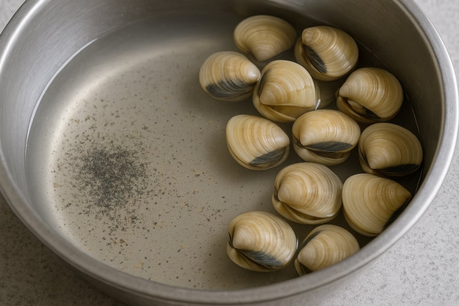 Sau 5–10 phút ngâm, cát lắng dưới đáy thau – dấu hiệu ngao đã được làm sạch hoàn toàn.