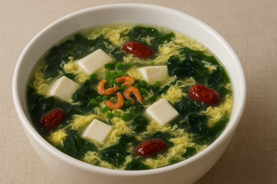 Canh đậu phụ rong biển tép khô giàu canxi, giúp da săn chắc, đàn hồi.