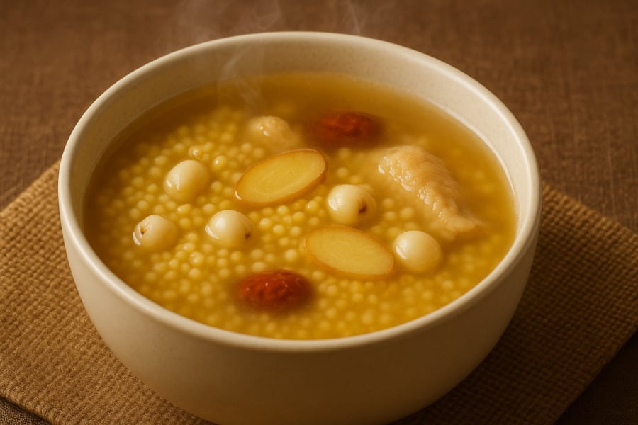 Canh hoài sơn liên tử kê – êm bụng, tiêu hóa ổn định để da bớt kích ứng.