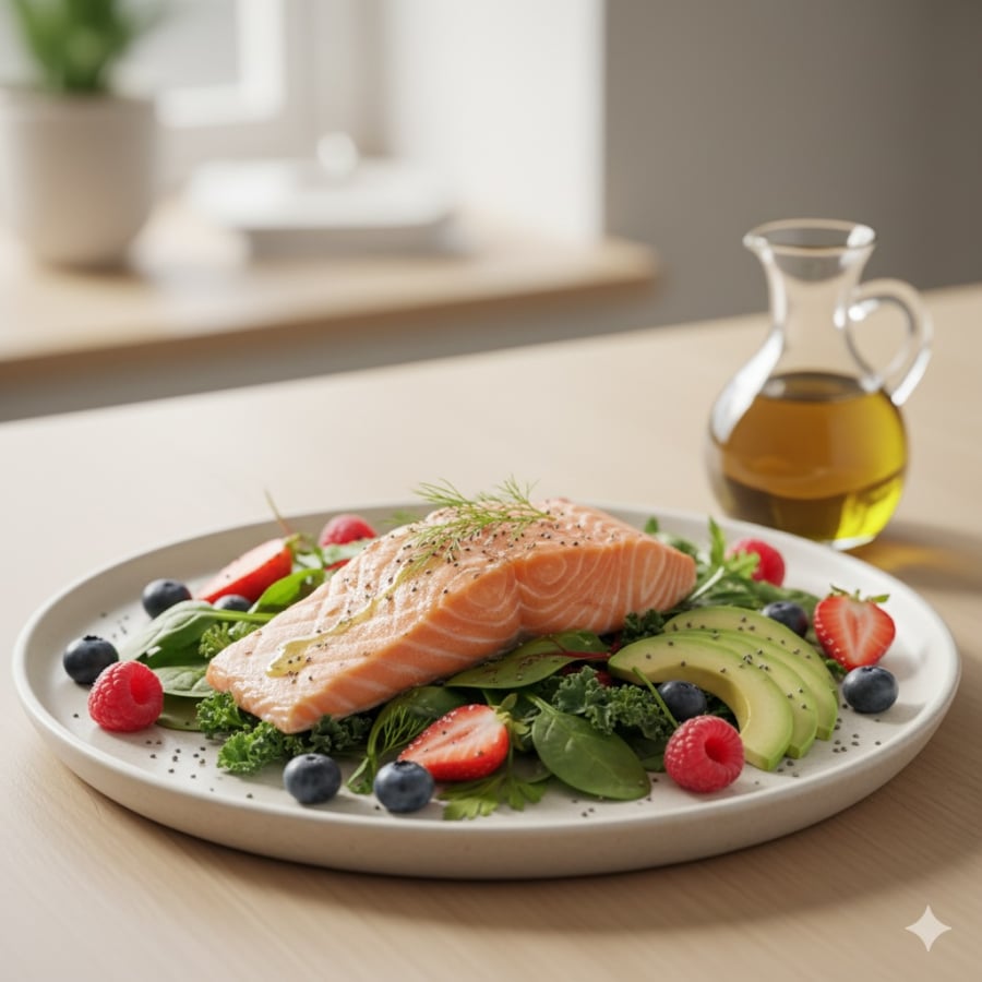 Bữa ăn giàu omega-3 và chất chống oxy hóa giúp mạch máu thông suốt, trái tim khỏe mạnh.