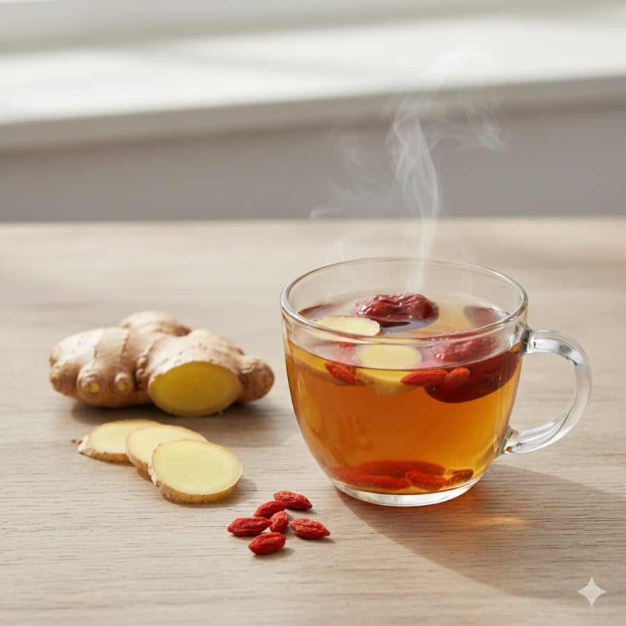 Trà táo đỏ – gừng – kỷ tử giúp tỉnh táo và hỗ trợ chức năng gan mỗi sáng.