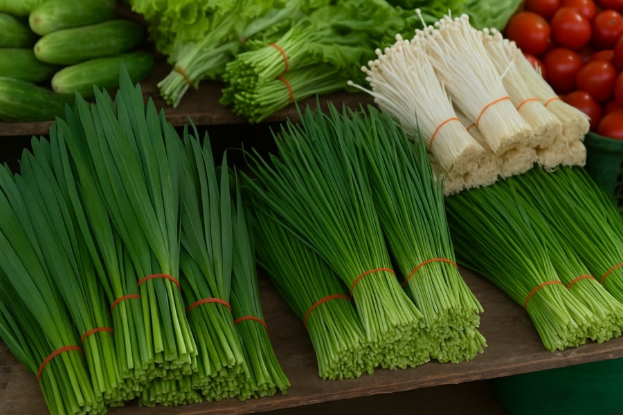 Hẹ ngoài chợ nhìn xanh mướt nhưng có thể đã được phun thuốc kích thích tăng trưởng.