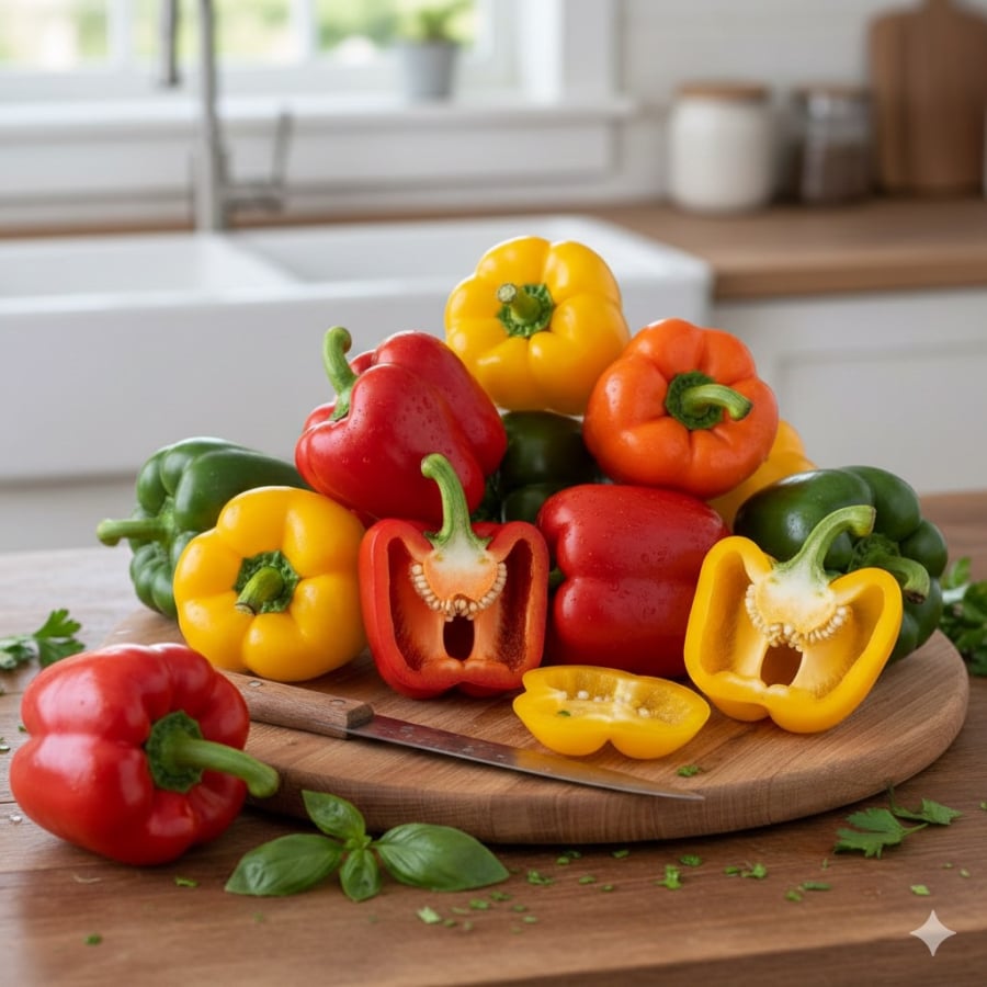 Ớt chuông đỏ, vàng, xanh chứa nhiều carotenoid và vitamin C – những hợp chất giúp bảo vệ tế bào khỏi stress oxy hóa, hỗ trợ tăng cường miễn dịch mỗi ngày. 