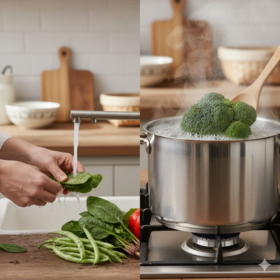 Rửa dưới vòi nước chảy và chần nhanh qua nước sôi là hai bước giúp giảm nguy cơ tồn dư hóa chất trong rau.