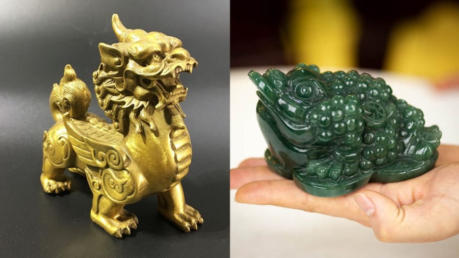 Tỳ Hưu (bên trái) và Thiềm Thừ là những vật phẩm hút tài lộc nên đặt cùng két sắt.