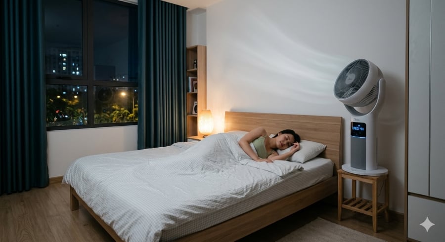 Đặt quạt lệch hướng, chọn mức gió vừa phải và sử dụng chế độ hẹn giờ là những cách đơn giản giúp ngủ ngon hơn mà vẫn bảo vệ sức khỏe trong những ngày nắng nóng.